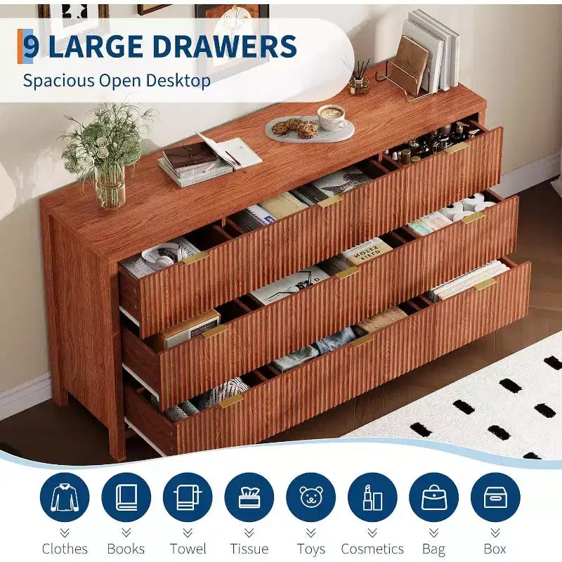 Cassettiera a 9 cassetti in stile rustico per camera da letto - Cassettiera in legno sottile, moderna, scanalata, organizer per armadio e soggiorno