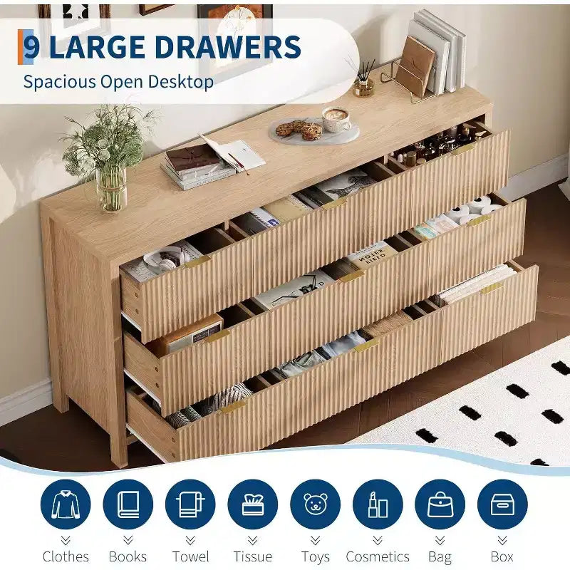 Cassettiera a 9 cassetti in stile rustico per camera da letto - Cassettiera in legno sottile, moderna, scanalata, organizer per armadio e soggiorno
