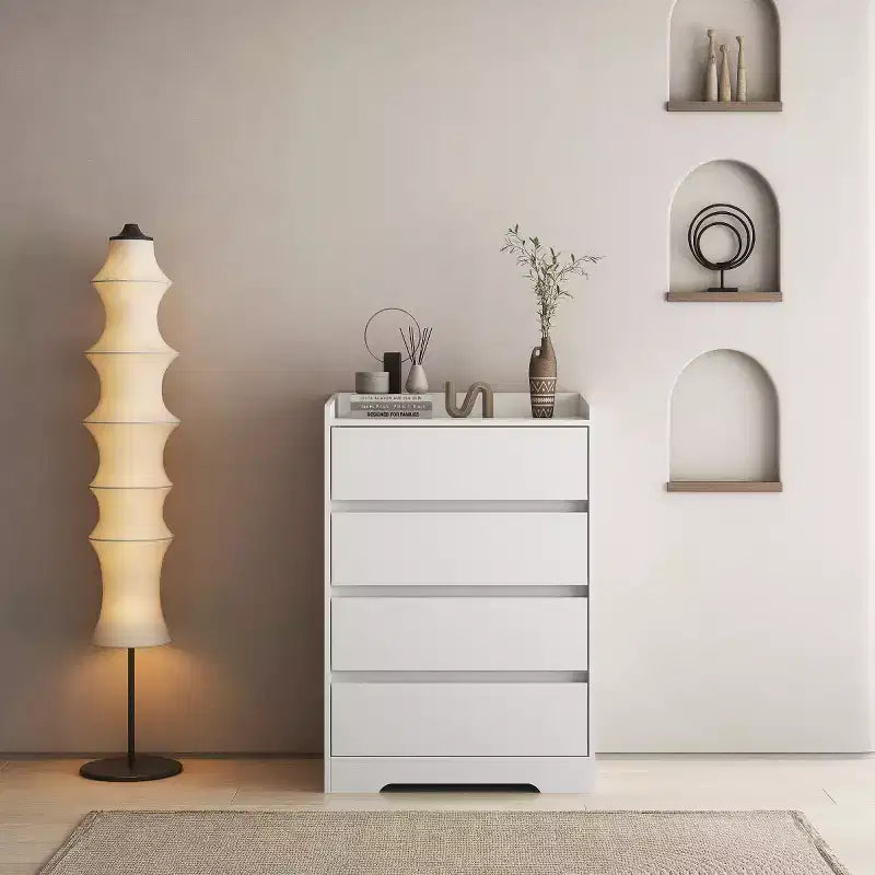 Comò moderno a 4 cassetti per camera da letto, cassettiera verticale dal design senza maniglie, armadietto contenitore per soggiorno, ingresso o ufficio