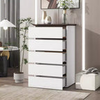 JVNOXK 5 Drawer Dresser for Bedroom, Modern Closet Dressers Chest of Drawers, White & Walnut color Storage Dresser Chest Cabinet Organizer Unit