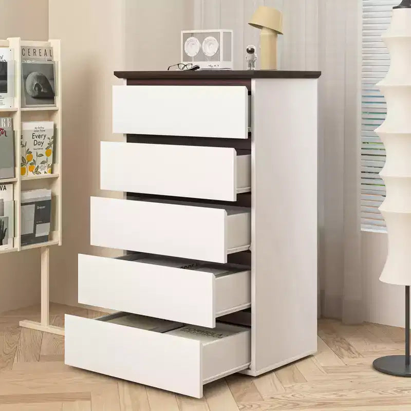 Comò a 5 cassetti per camera da letto, cassettiera moderna per armadio, mobile contenitore con cassetti color bianco e noce