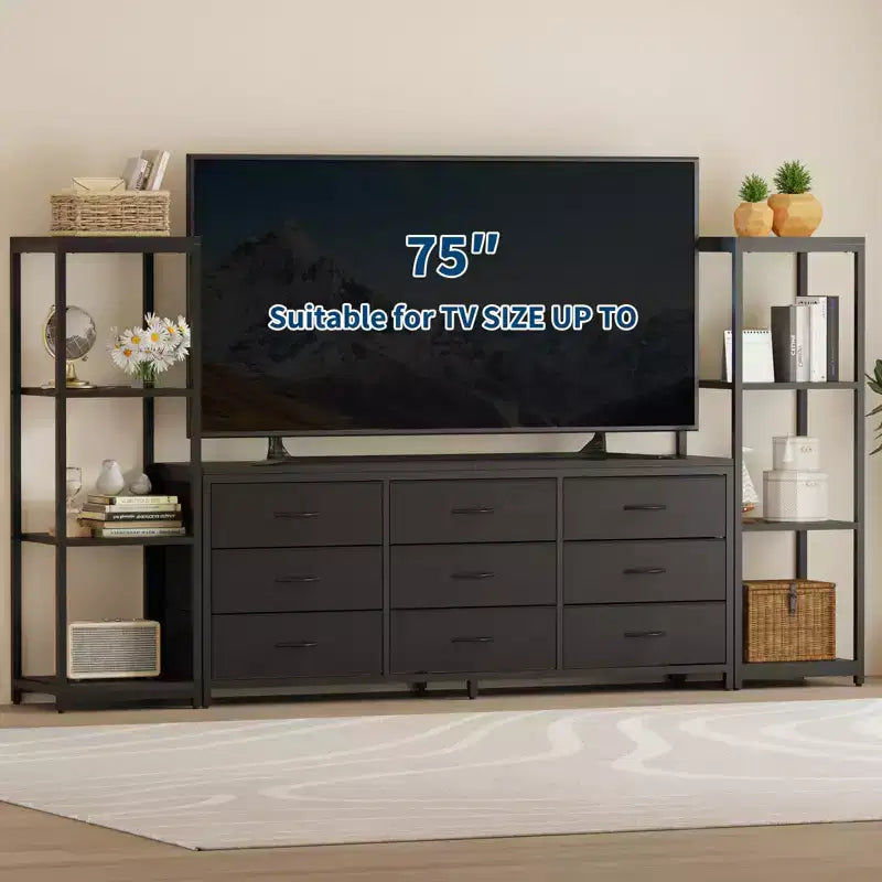 Mobile TV Industriale per TV Fino a 75 Pollici, Centro di Intrattenimento da Soggiorno con 9 Cassetti in Tessuto e 2 Scaffali di Stoccaggio a 4 Livelli, Consolle Multimediale per Camera da Letto