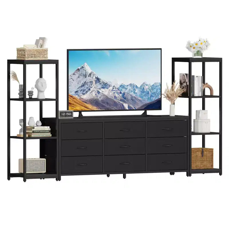 Mobile TV Industriale per TV Fino a 75 Pollici, Centro di Intrattenimento da Soggiorno con 9 Cassetti in Tessuto e 2 Scaffali di Stoccaggio a 4 Livelli, Consolle Multimediale per Camera da Letto