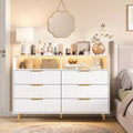 6 Drawers Dresser, 47.2 Wide Dressers with LED Lights and Charging Station, Curved Profile Design, Fluted Wood Drawers for Living Room, White
