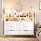 6 Drawers Dresser, 47.2 Wide Dressers with LED Lights and Charging Station, Curved Profile Design, Fluted Wood Drawers for Living Room, White