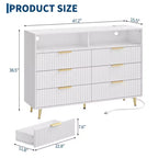 Cassettiera a 6 cassetti, cassettiere larghe 120 cm con luci LED e stazione di ricarica, design a profilo curvo, cassetti in legno scanalato per soggiorno, bianco