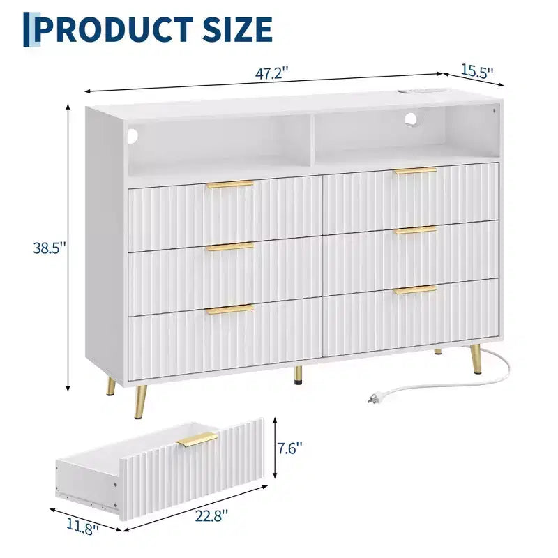 Cassettiera a 6 cassetti, cassettiere larghe 120 cm con luci LED e stazione di ricarica, design a profilo curvo, cassetti in legno scanalato per soggiorno, bianco
