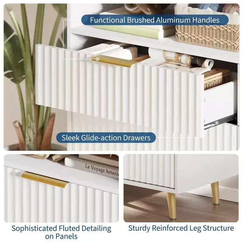 Cassettiera a 6 cassetti, cassettiere larghe 120 cm con luci LED e stazione di ricarica, design a profilo curvo, cassetti in legno scanalato per soggiorno, bianco