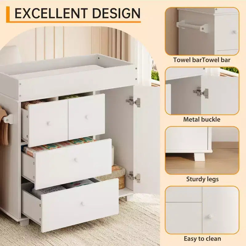 Fasciatoio con 2 Cassetti, Cassettiera Moderna per la Cameretta con Spazio Aperto, Stazione Fasciatoio per Camera da Letto, Cameretta Bambini, Bianco